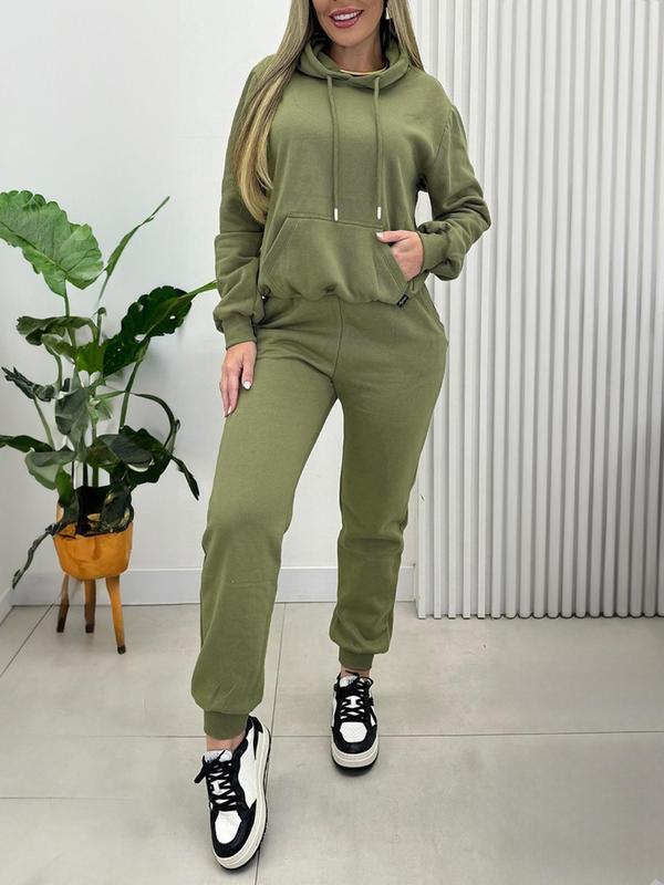 Women's Solid Drop Shoulder Pocket Hoodie & Elastic Waist Pants Two-Piece Set, Casual Fashion Cozy Breathable Two Piece Outfits for Daily Outdoor Wear, Women Clothes for Fall & Winter