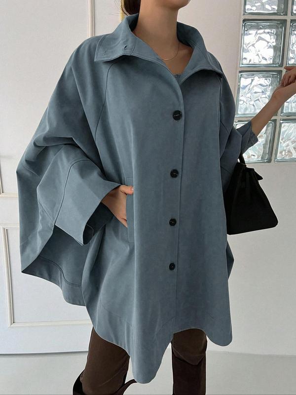 Women's Plain Pocket Button Front Coat, Elegant Batwing Sleeve Collared Long Sleeve Outerwear for Work Office Business,  Winter Clothes Women,  Ladies Clothes for All Seasons Jackets For Women