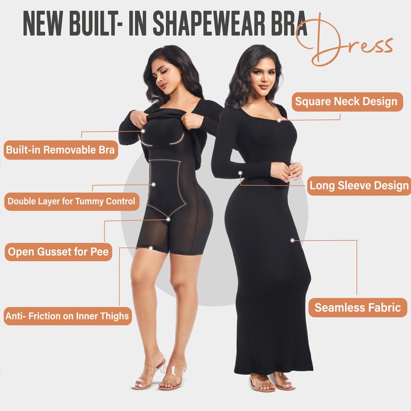 Soo slick Built in shaper dress Long sleeve Square Neck I Maxi dresses with tummy control and boobs lifter bodycon shapewear | Sculpting shaper Womenswear Underwear Lady Compression Basic Minimalist