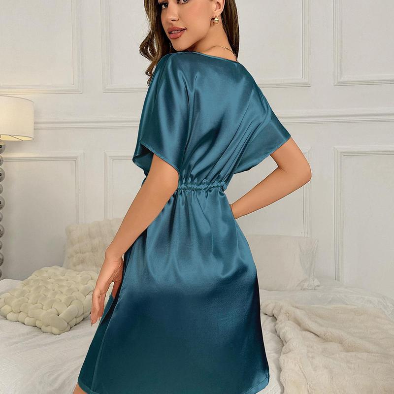 Women's Silk Satin Nightgown, Summer Sexy Batwing Sleeve Drawstring Home Dress, Women's Ice Silk Nightgown, Mature Style night  gown