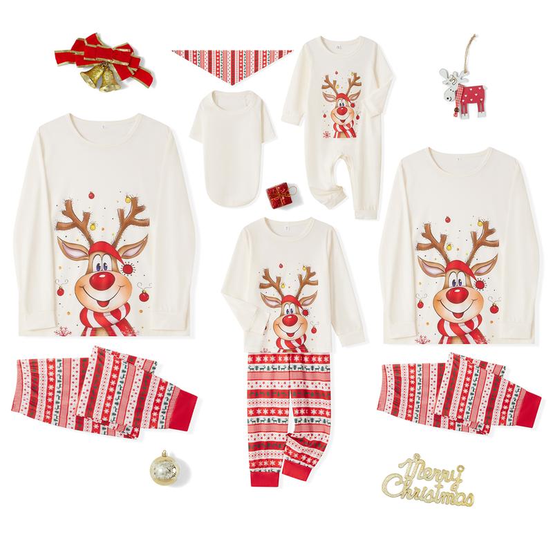 Family Matching Christmas Set Elk Print Long Sleeve Round Neck Tops Romper Striped Trousers Womenswear Comfort Clothing