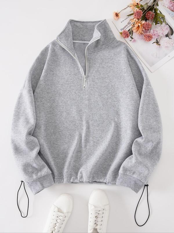 Plus Size Plain Half Placket Zip Front Drop Shoulder Sweatshirt, Plus Casual Long Sleeve Drawstring Collared Pullover for Spring & Fall, Women's Plus Clothing for Daily Wear