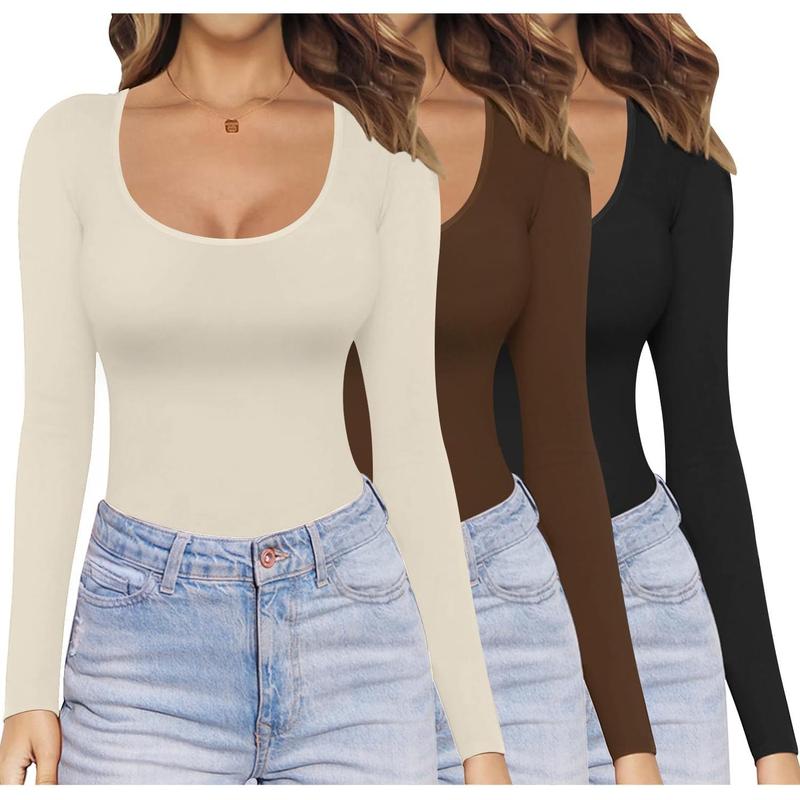 Womens 3 Pack Long Sleeve Shirts Scoop Neck Tops Stretch Fitted Undershirt Lightweight Basic Thermal Tee XS-XXL