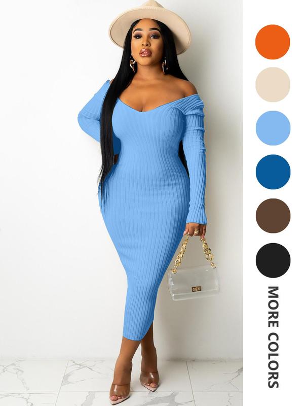 Women's Plain Ribbed V Neck Bodycon Dress, Casual Long Sleeve Midi Dress for Fall & Winter, Women's Clothing for Daily Wear Longsleeves