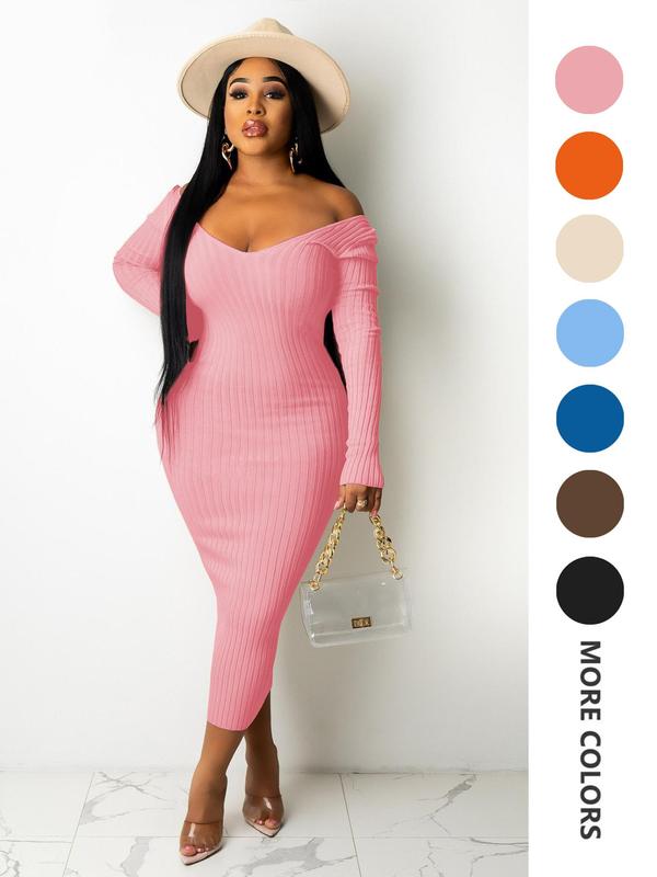 Women's Plain Ribbed V Neck Bodycon Dress, Casual Long Sleeve Midi Dress for Fall & Winter, Women's Clothing for Daily Wear Longsleeves