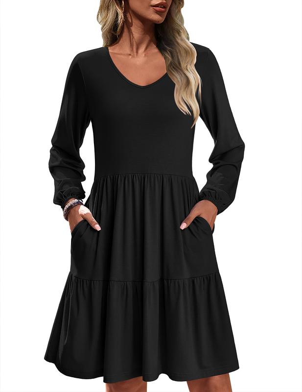 HOTOUCH Women Casual Tunic Dress V Neck Tiered Dress Long Sleeve Fit Swing Shift Dress with Pockets Loose Ruffled Dresses