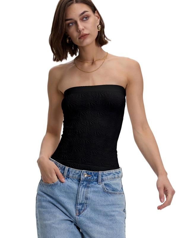 Women's Solid Jacquard Seamless Tube Top, Fashion Casual Sleeveless Strapless Top for Daily Outdoor Wear, Ladies Clothes for Summer