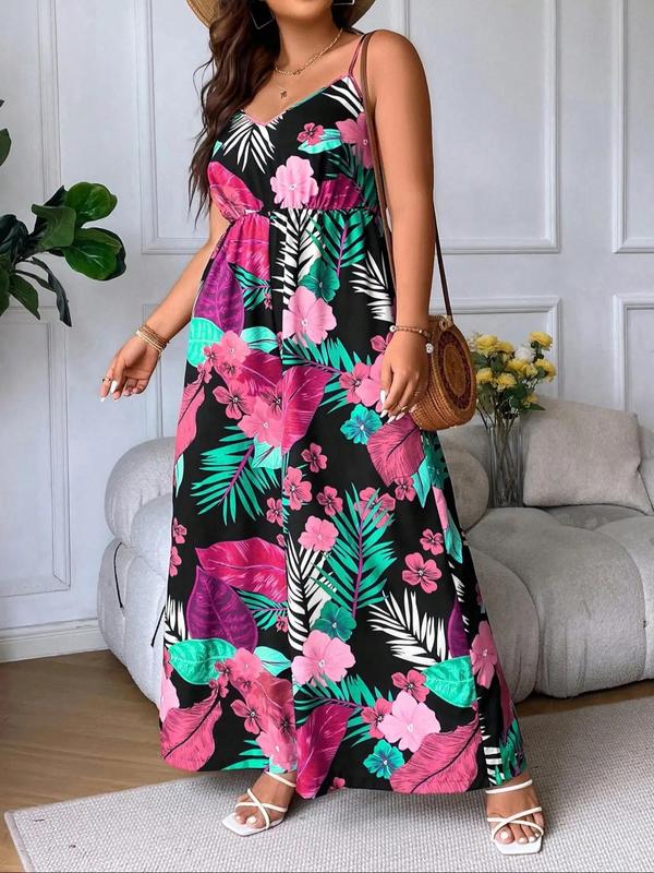  Tropical Print V Neck Cami Jumpsuit, Boho Backless Wide Leg Jumpsuit for Beach Holiday Vacation, Women's Plus Clothing for Summer