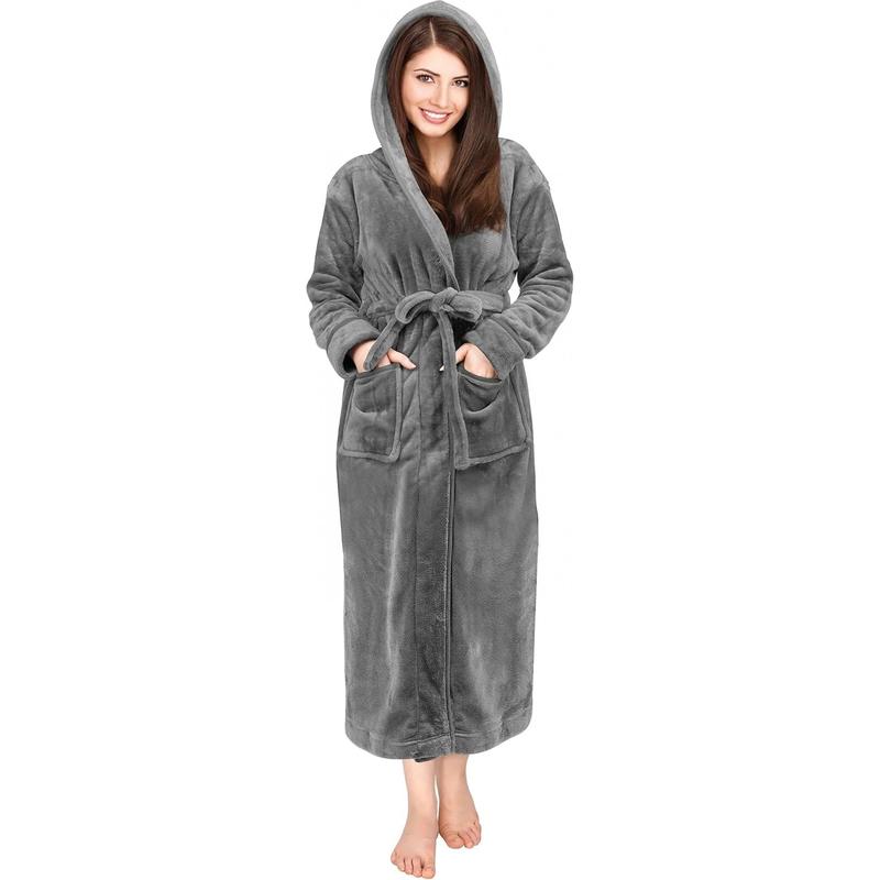 Women's Fleece Hooded Bathrobe Plush Long Spa Robe