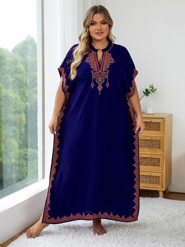  Ethnic Pattern Embroidered Split Kaftan Dress, Boho Notched Neck Batwing Sleeve Long Dress, Ladies Dresses, Dress in Club, Dresses for Women, Women's Summer Clothes, Summer Dresses 2024