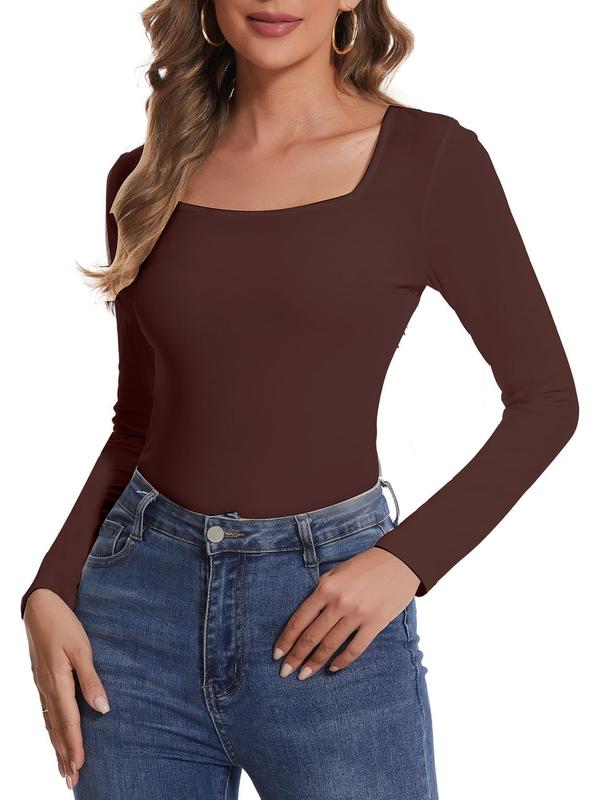 Joyshaper Women's Long Sleeve Square Neck Bodysuit Slim Fit Stretch Tank Top Soft, Breathable, and Comfortable for Casual, Work, or Party Wear Perfect for Layering in Fall and Winter,Size S-2XL,Black White Red Brown