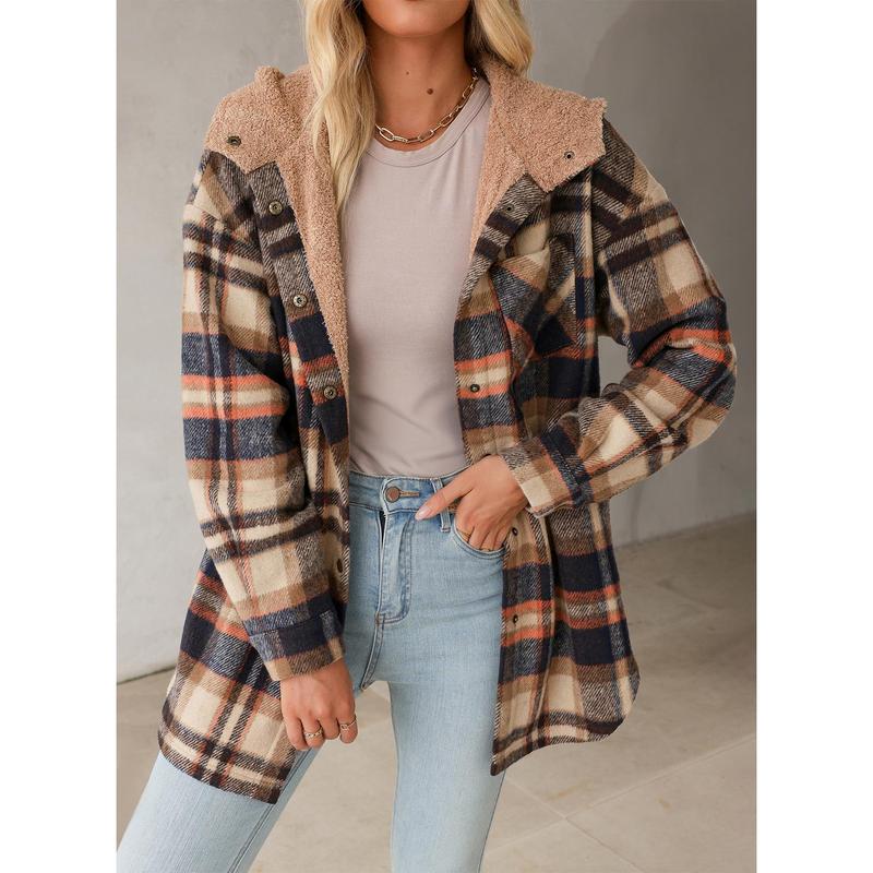 Dokotoo Women's Flannel Plaid Shacket Long Sleeve 2024 Fall Button down Color Block Hooded Coat Tops