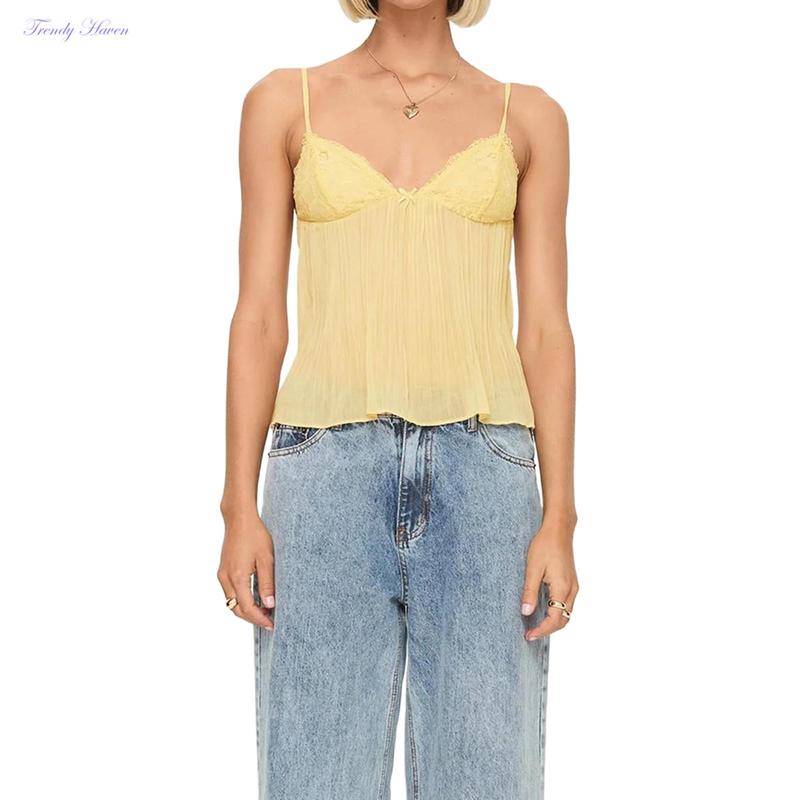 Women's Pleated Camisole Mini Bowknot Front Spaghetti Strap V-Neck Lace Cropped Tops