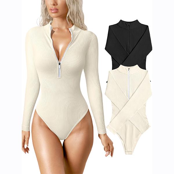 Women's Ribbed Bodysuit, Zipper Front, Long Sleeve - Comfortable, Women's Women's Tops ，2pcs