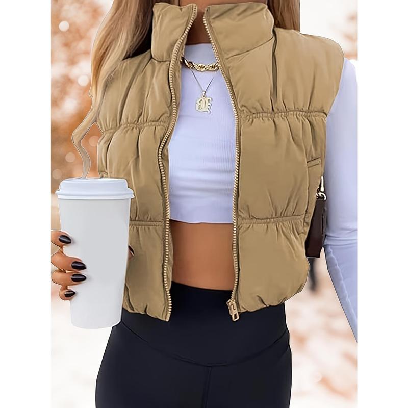 Cropped Sleeveless Puffer Vest for Women, Zip Up Stand Collar Padded