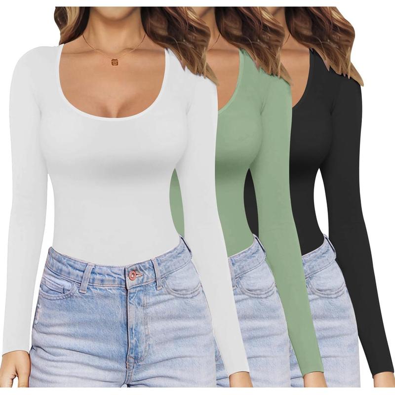 Womens 3 Pack Long Sleeve Shirts Scoop Neck Tops Stretch Fitted Undershirt Lightweight Basic Thermal Tee XS-XXL