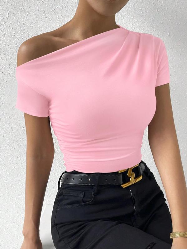 Women's Plain Ruched Asymmetrical Neck Tee, Casual Short Sleeve T-shirt for Summer, Summer Tops, Summer Clothes, Ladies Clothing for Daily Wear 90S Clothes, Fall Clothes