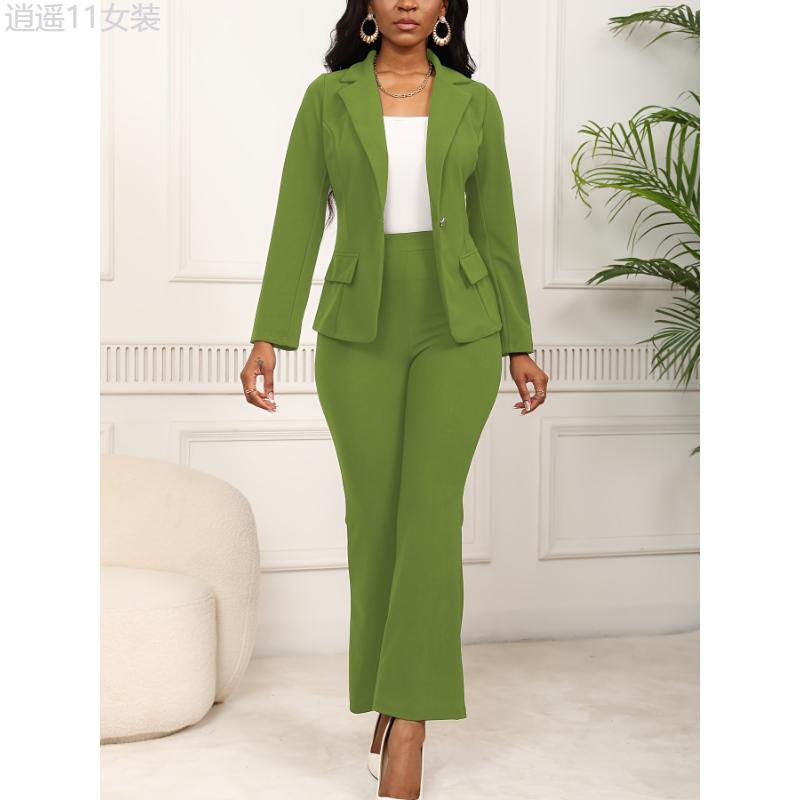 Elegant & Chic Women's Work Suit Set - Long Sleeve Blazer with Faux Pockets & Straight-Leg Pants, Stretchy Polyester Blend, Machine Washable Collar Fabric Collar Fabric Womenswear Bottom