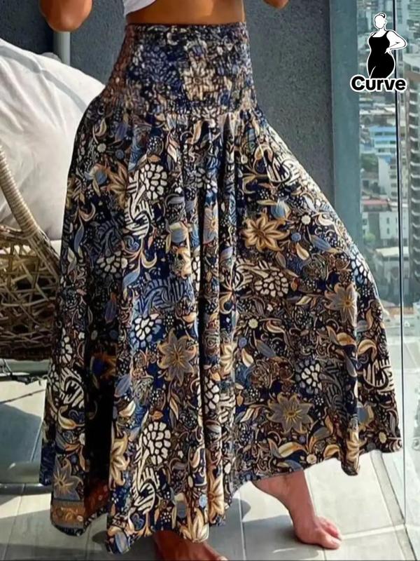  Vintage All Over Floral Print Shirred High Waist Skirt, Vacation Clothes, Boho Casual Long A Line Skirt for Holiday Vacation Daily Wear, Women's Bottoms for All Seasons, Skirts for Women, Fall Clothing, Vintage Clothing