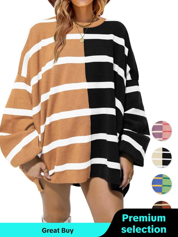 Women's Colorblock Striped Print Drop Shoulder Sweater, Casual Long Sleeve Round Neck Jumper for Spring & Fall,  Sweaters for Women, Fashion Women's Knitwear for Daily Wear