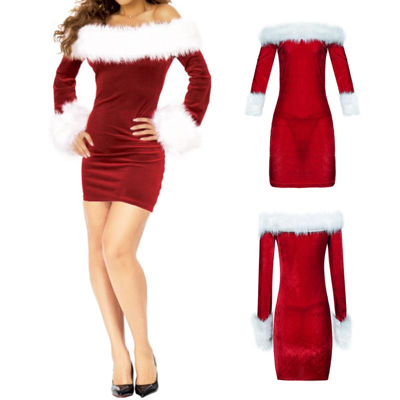 Women Christmas Mrs Claus Santa Cosplay Dress Plush Trim Patchwork Santa Off-Shoulder Dress Holiday Xmas Party Costume