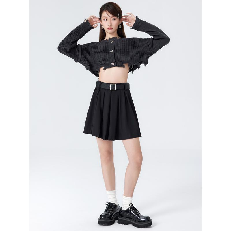 Cider [2 colors, size 2-26] Solid Pleated Mini Skirt With Belt