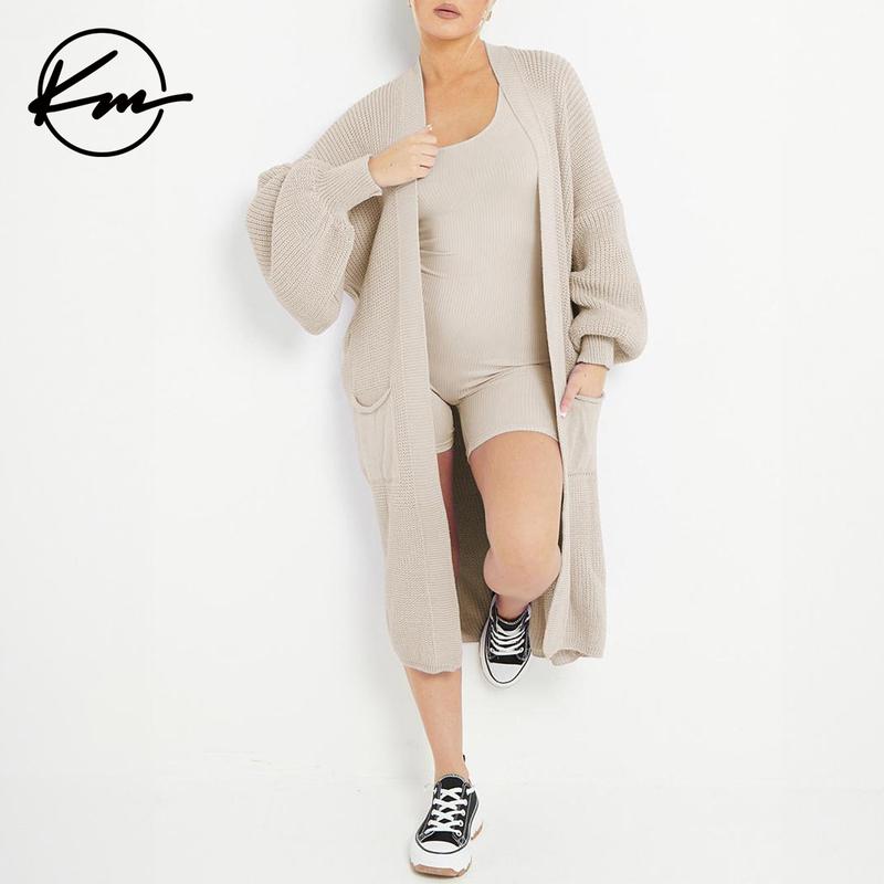 KatchMe Longline Balloon Sleeve Cardigan (Fits US 2-22),Trendy Knitwear,Plain Open-Front Side Pockets Cardigan,Clothes Length 43.5