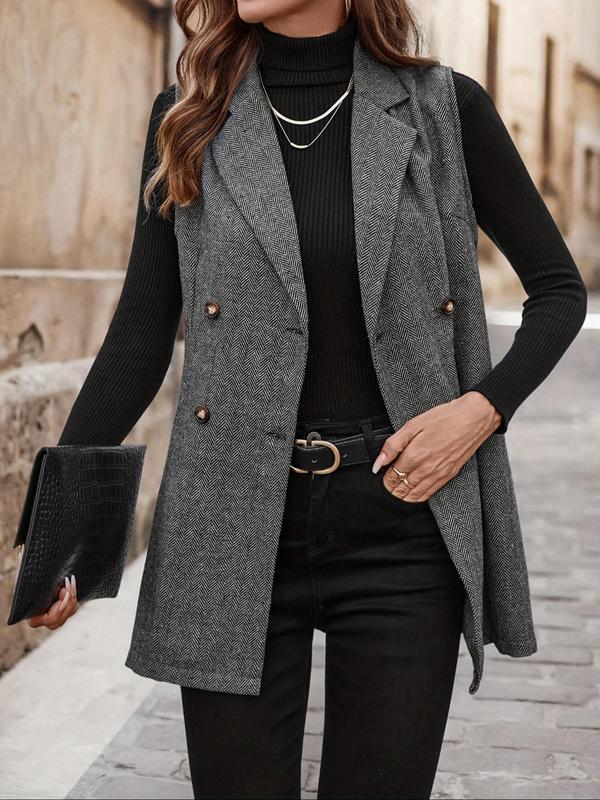 Women's All Over Herringbone Pattern Button Front Vest Blazer, Casual Lapel Neck Sleeveless Outerwear for Daily Wear, Ladies Clothes for All Seasons