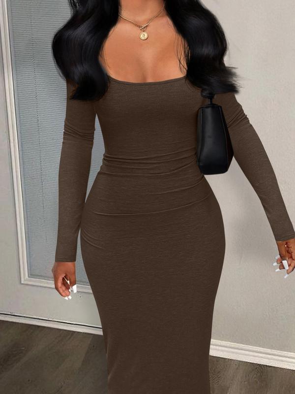 Women's U Neck Longsleeves Bodycon Dress, Casual Solid Tight Sleeve Long Dress, Fall  Dresses for Women, Fall Dresses, Lady Birthday Outfit, Downtown Girl Clothes, Fall Clothes