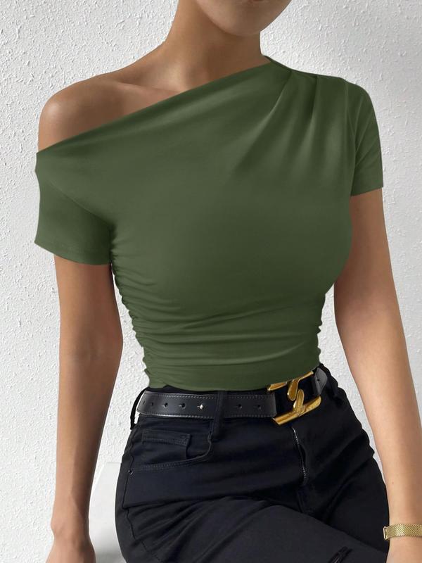 Women's Plain Ruched Asymmetrical Neck Tee, Casual Short Sleeve T-shirt for Summer, Summer Tops, Summer Clothes, Ladies Clothing for Daily Wear 90S Clothes, Fall Clothes