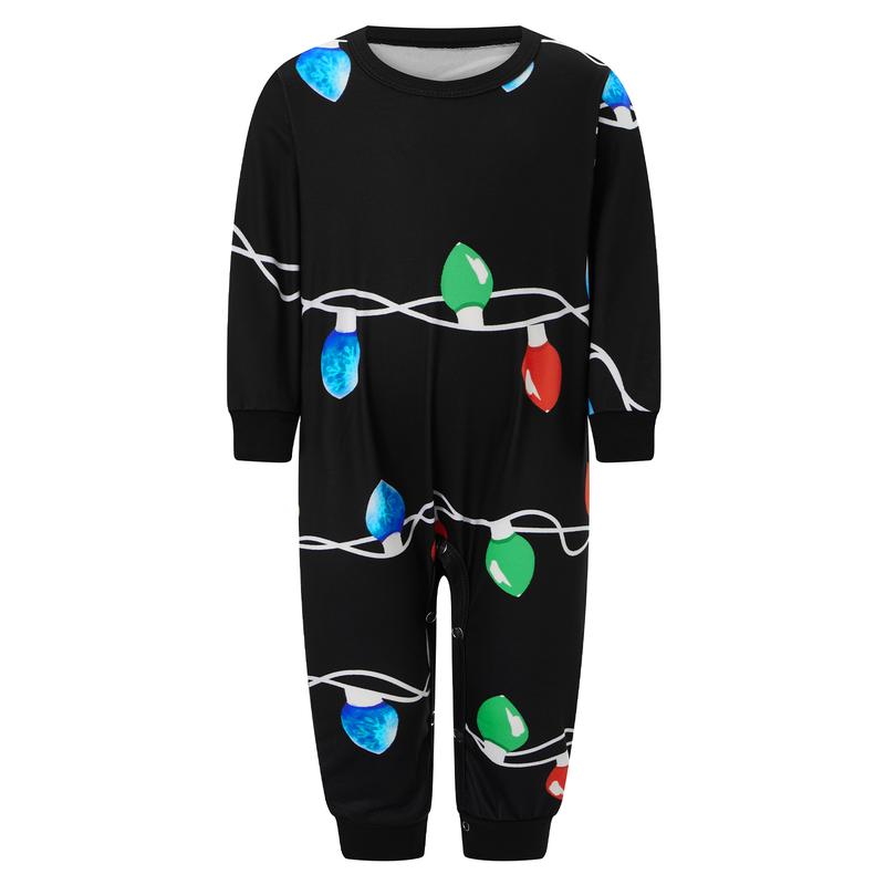 Family Matching Christmas Pajamas Set String Light Print Long Sleeve Tops Elastic Waist Long Pants