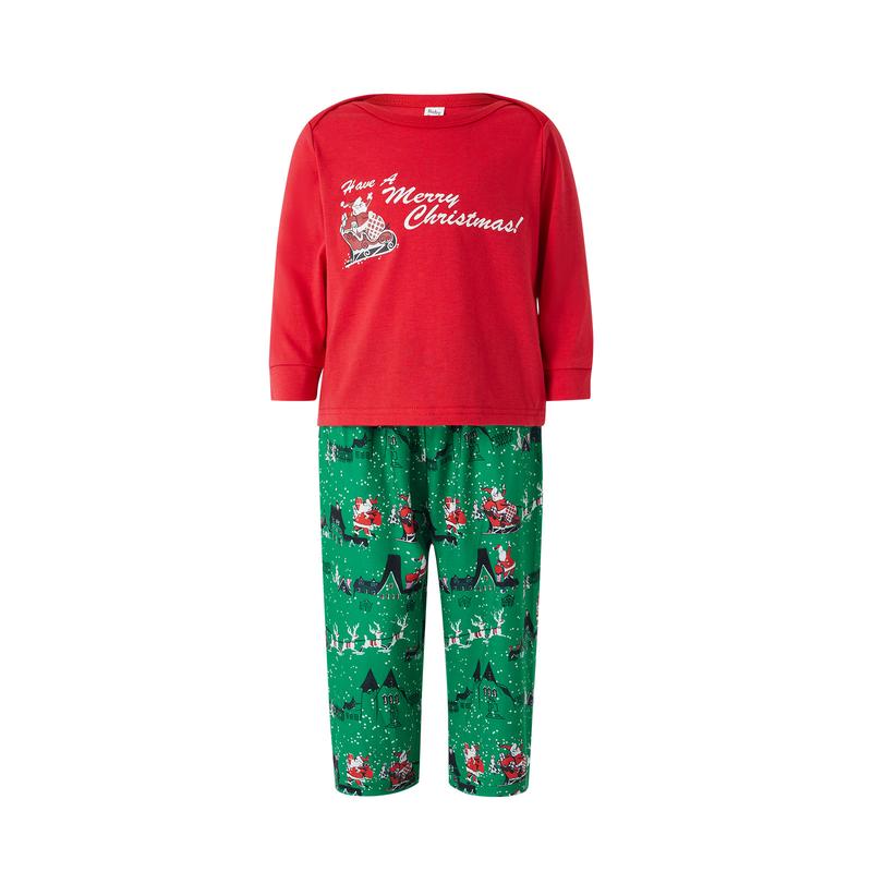 Red Green Family Matching Christmas Pajamas, Santa Claus Letter Print Long Sleeve Round Neck T-Shirt + Elk Print Pants, Dog Costume