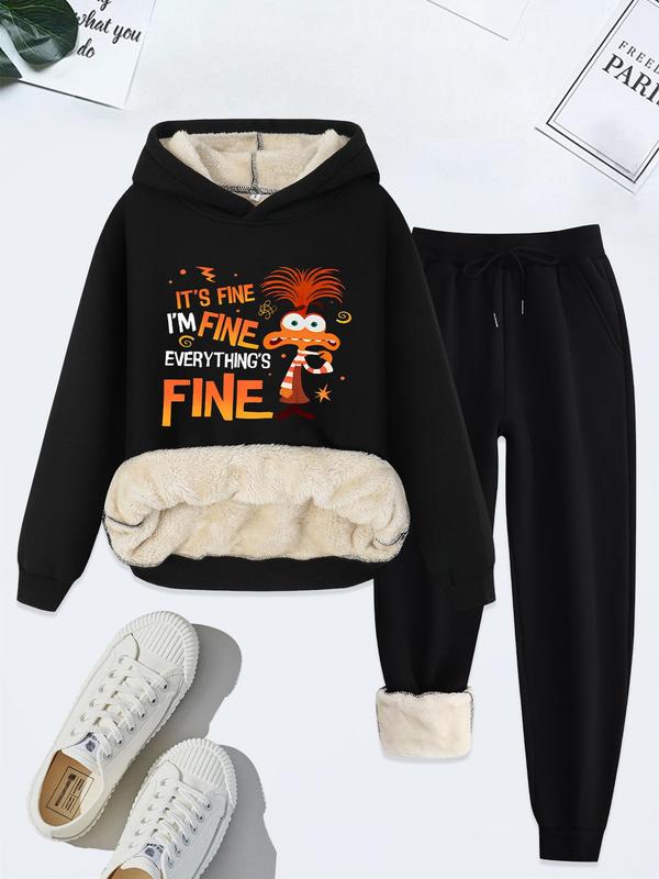 Two-piece Set Women's Letter Print Thermal Lined Sweatshirt & Drawstring Waist Sweatpants Set, Casual Long Sleeve Hooded Sweatshirt  & Pocket Jogger Pants, Women's Fall & Winter Clothes