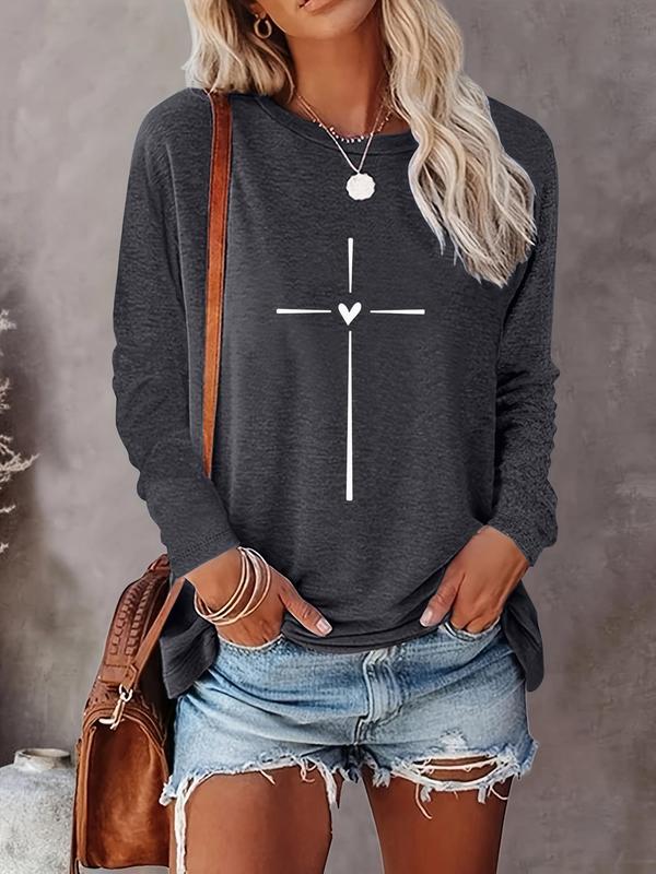 Women's Heart & Cross Print Round Neck Tee, Casual Long Sleeve Crew Neck T-shirt for Spring & Fall, Fashion Women's Top for Daily Wear