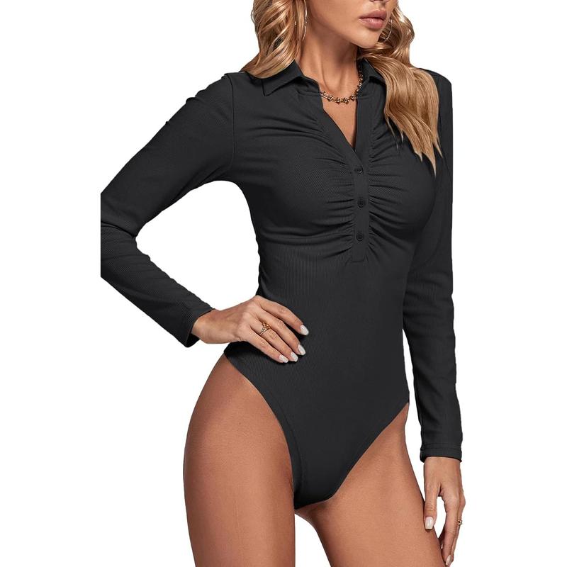 Women's Rib Knit Collar Deep V Neck Ruched Buttons Long Sleeve Bodysuit Leotard Top