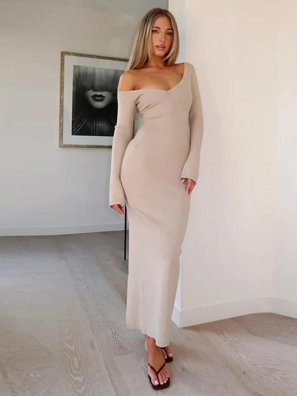 Women's Plain Asymmetrical Neck Split Hem Bodycon Dress, Elegant Long Sleeve Midi Dress for Party Club Dating Wear, Women's Clothing for Fall & Winter