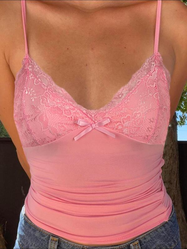 Women's Plain Contrast Lace Bow Front Ruched Cami Top, Casual Spaghetti Strap Backless Top for Summer, Summer Outfits 2024, Ladies Clothes for Daily Wear