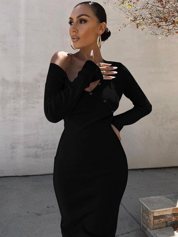 Women's Plain Asymmetrical Neck Split Hem Bodycon Dress, Elegant Long Sleeve Midi Dress for Party Club Dating Wear, Women's Clothing for Fall & Winter