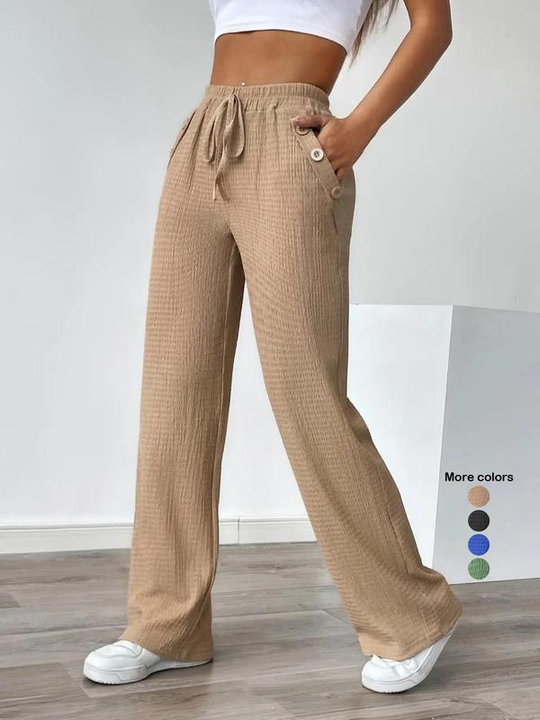 Women's Basic Solid Drawstring Waist Straight Leg Pants, Pants for Women, Casual Textured Pocket Trousers for Summer, Ladies Fall Bottoms for Daily Wear, Downtown Girl Clothes