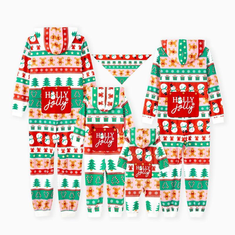 PatPat Onesies Pajamas Matching Christmas Outfits Allover Pattern Zipper Front Holly Jolly Print Back