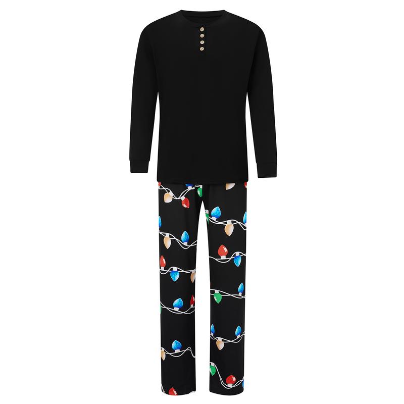 Family Matching Christmas Pajamas Set String Light Print Long Sleeve Tops Elastic Waist Long Pants