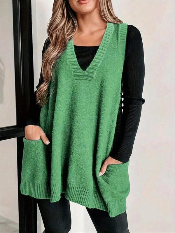 Women's Solid Pocket Deep V Neck Sweater Vest, Casual Sleeveless Jumper Vest for Fall & Winter, Women's Knitwear for Daily Wear