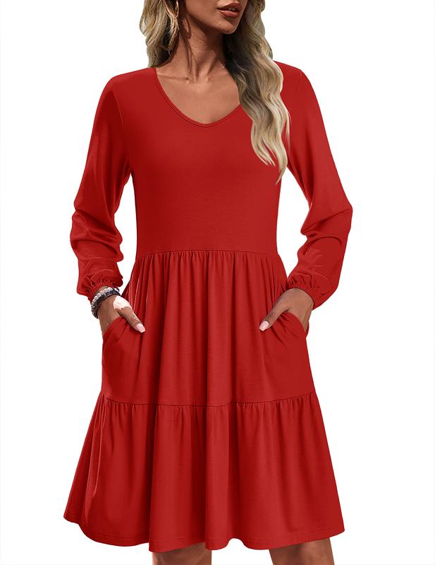 HOTOUCH Women Casual Tunic Dress V Neck Tiered Dress Long Sleeve Fit Swing Shift Dress with Pockets Loose Ruffled Dresses