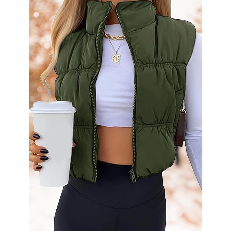 Cropped Sleeveless Puffer Vest for Women, Zip Up Stand Collar Padded