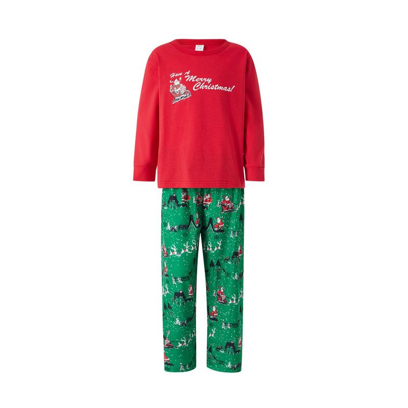 Red Green Family Matching Christmas Pajamas, Santa Claus Letter Print Long Sleeve Round Neck T-Shirt + Elk Print Pants, Dog Costume