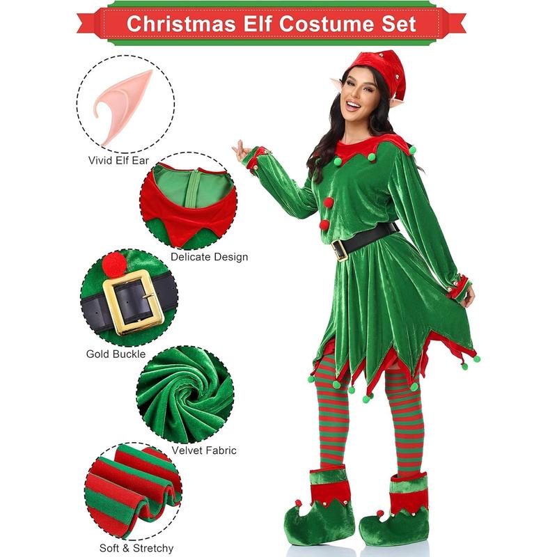 6 Pack Women Christmas Elf Costume Set Velvet Dress Santa's Helper Costume Xmas Outfit Elf Hat Shoes Ears Belt Socks