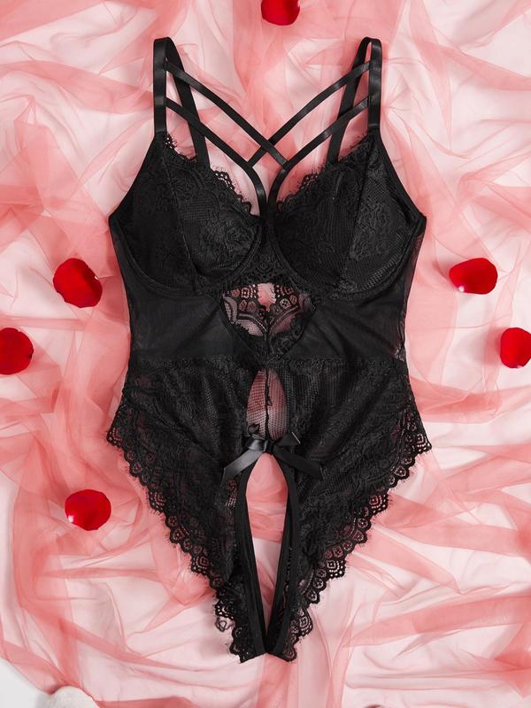  Contrast Lace Bow Decor Cami Lingerie Bodysuit, Adjustable Strap Backless Sheer Lingerie, Women's Underwear for All Seasons