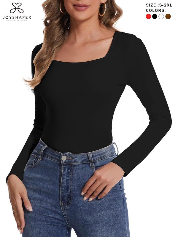 Joyshaper Women's Long Sleeve Square Neck Bodysuit Slim Fit Stretch Tank Top Soft, Breathable, and Comfortable for Casual, Work, or Party Wear Perfect for Layering in Fall and Winter,Size S-2XL,Black White Red Brown