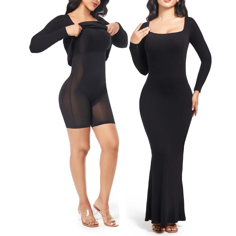 Soo slick Built in shaper dress Long sleeve Square Neck I Maxi dresses with tummy control and boobs lifter bodycon shapewear | Sculpting shaper Womenswear Underwear Lady Compression Basic Minimalist