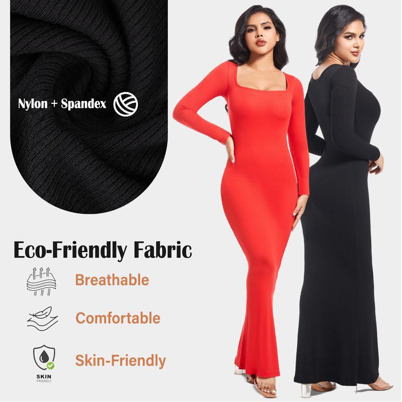 Soo slick Built in shaper dress Long sleeve Square Neck I Maxi dresses with tummy control and boobs lifter bodycon shapewear | Sculpting shaper Womenswear Underwear Lady Compression Basic Minimalist